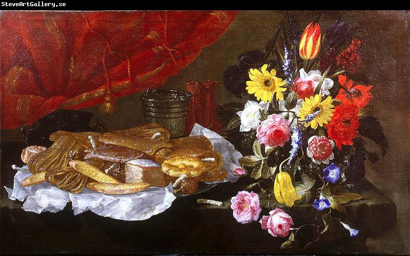 Giuseppe Recco A Still Life of Roses, Carnations, Tulips and other Flowers in a glass Vase, with Pastries and Sweetmeats on a pewter Platter and earthenware Pots, on